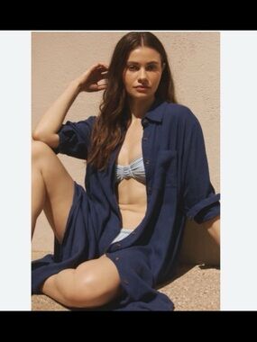 New Anthropologie linen maxi shirt dress cover-up size PM